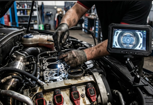 Técnico realizando inspeção por boroscópio industrial em equipamento
