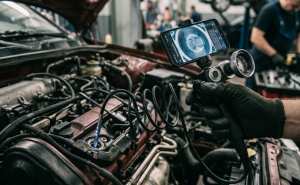 Boroscópio automotivo inspecionando cilindro de motor