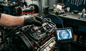 Programador TPMS sendo usado para ler sensor de pressão de pneu em oficina